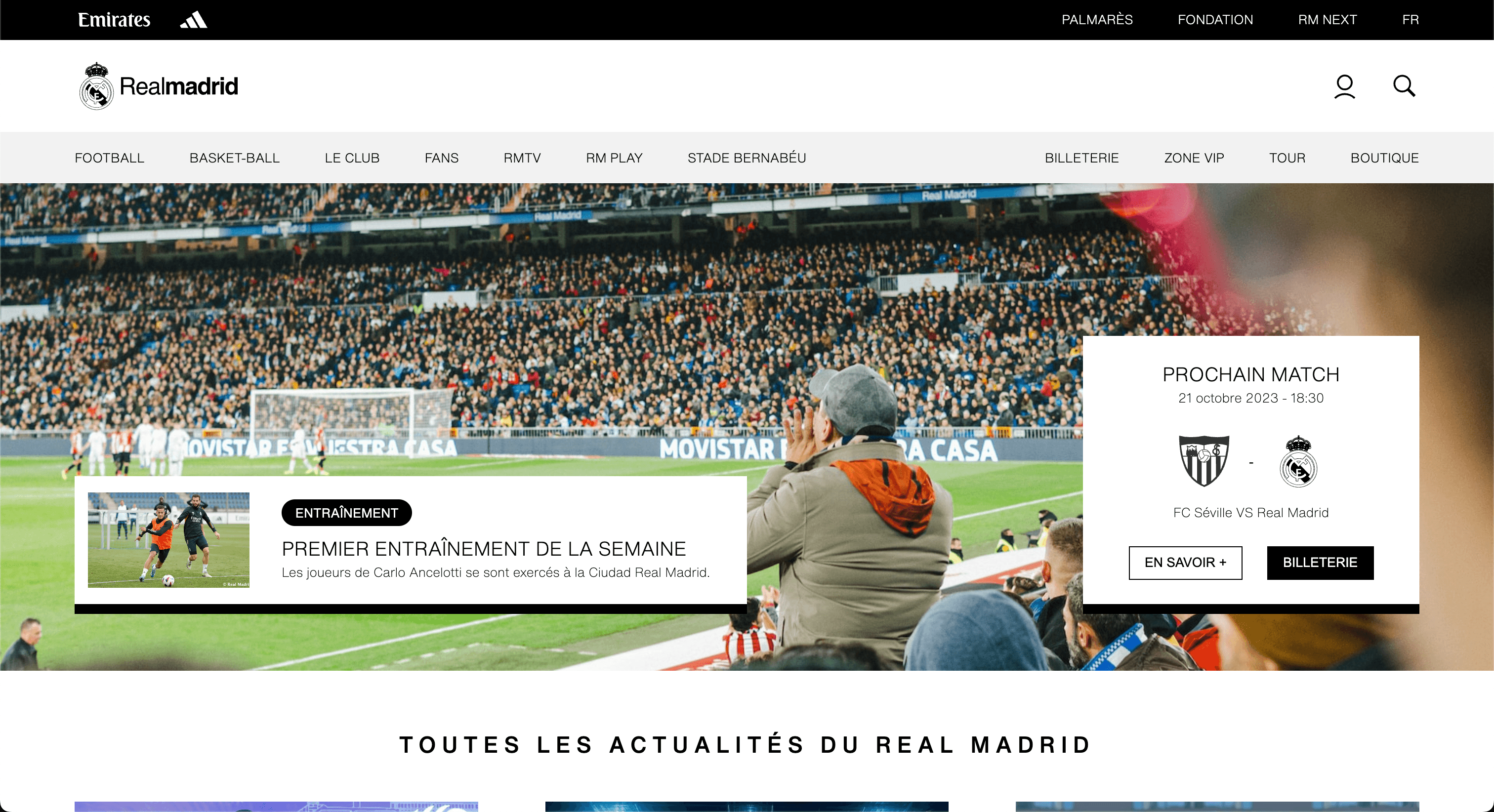 Capture d'écran du site vitrine du Real Madrid réalisé par notre agence pour notre portfolio